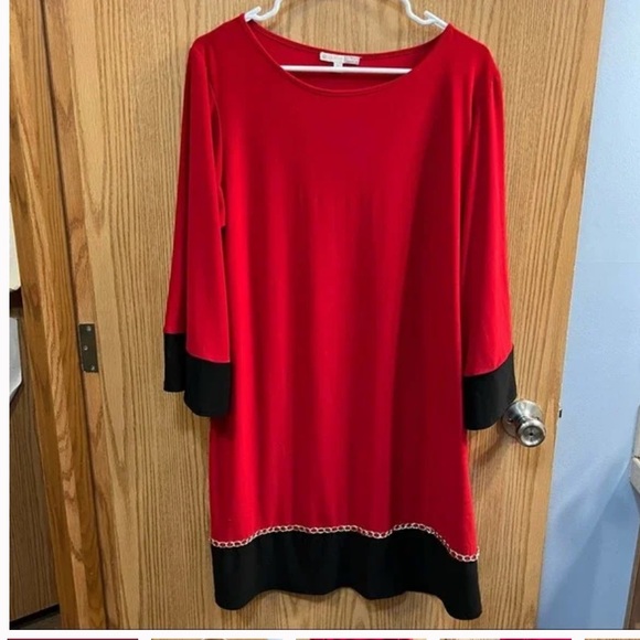 SIGNATURE CAMRYN Fringed Hem Red & Black ColorBlock Dress L NWOT - Picture 9 of 11